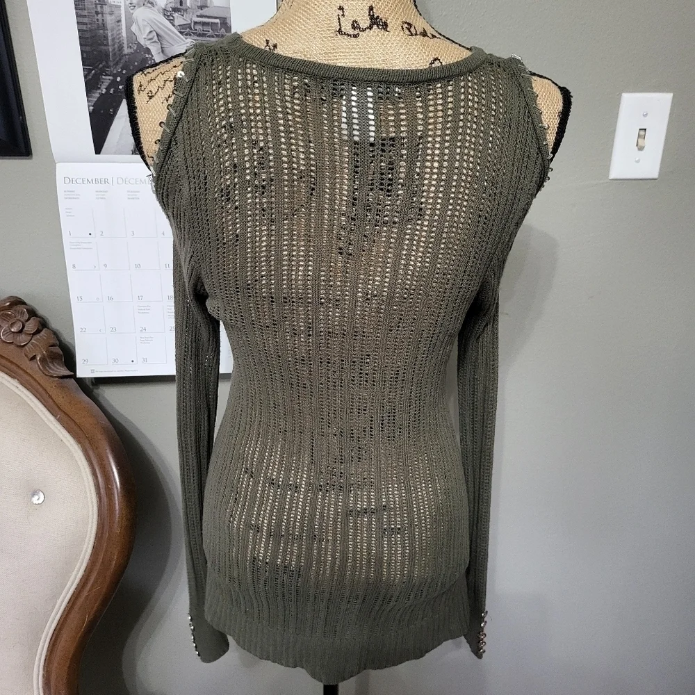 Alberto Makali Knit Button Down V Neck Olive Sweater with Beaded Open Shoulders